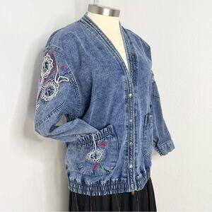 Vintage Embroidered Acid Denim Bomber Jacket Snap Front Large